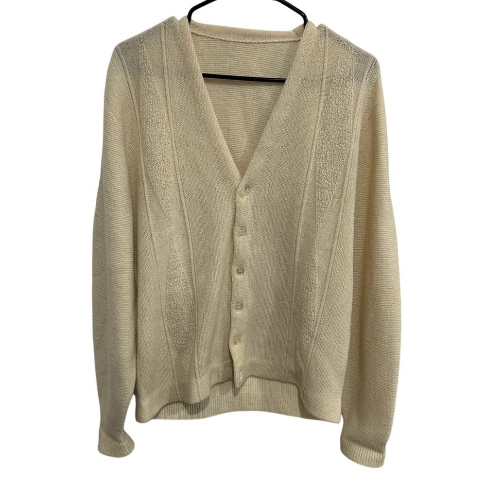Vintage Cream Button Up Knit Cardigan Sweater V-Neck Long Sleeve